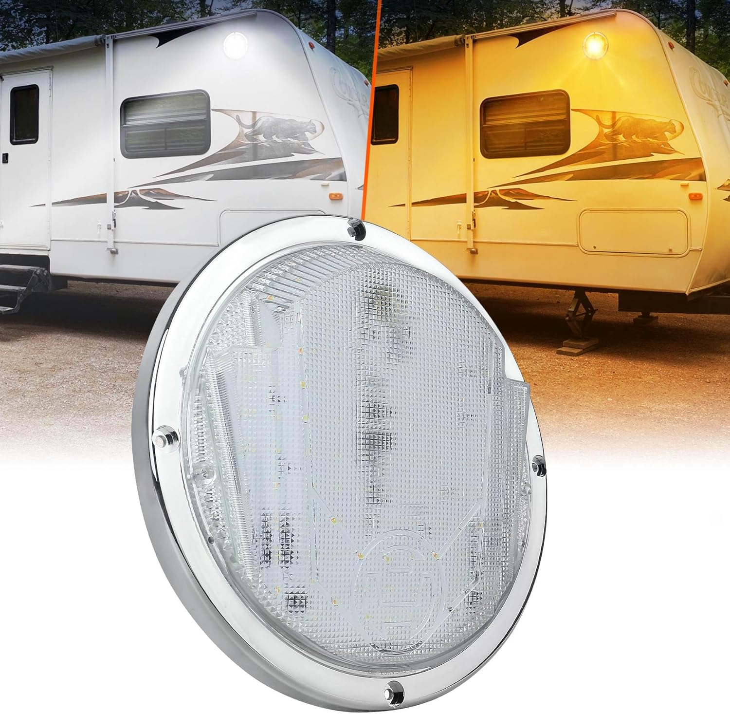 PXPART Led Porch Light, Dual Colors White/Amber 8.5Inch round Exterior Utility Light for Motorhome Caravan Campervan image number 1