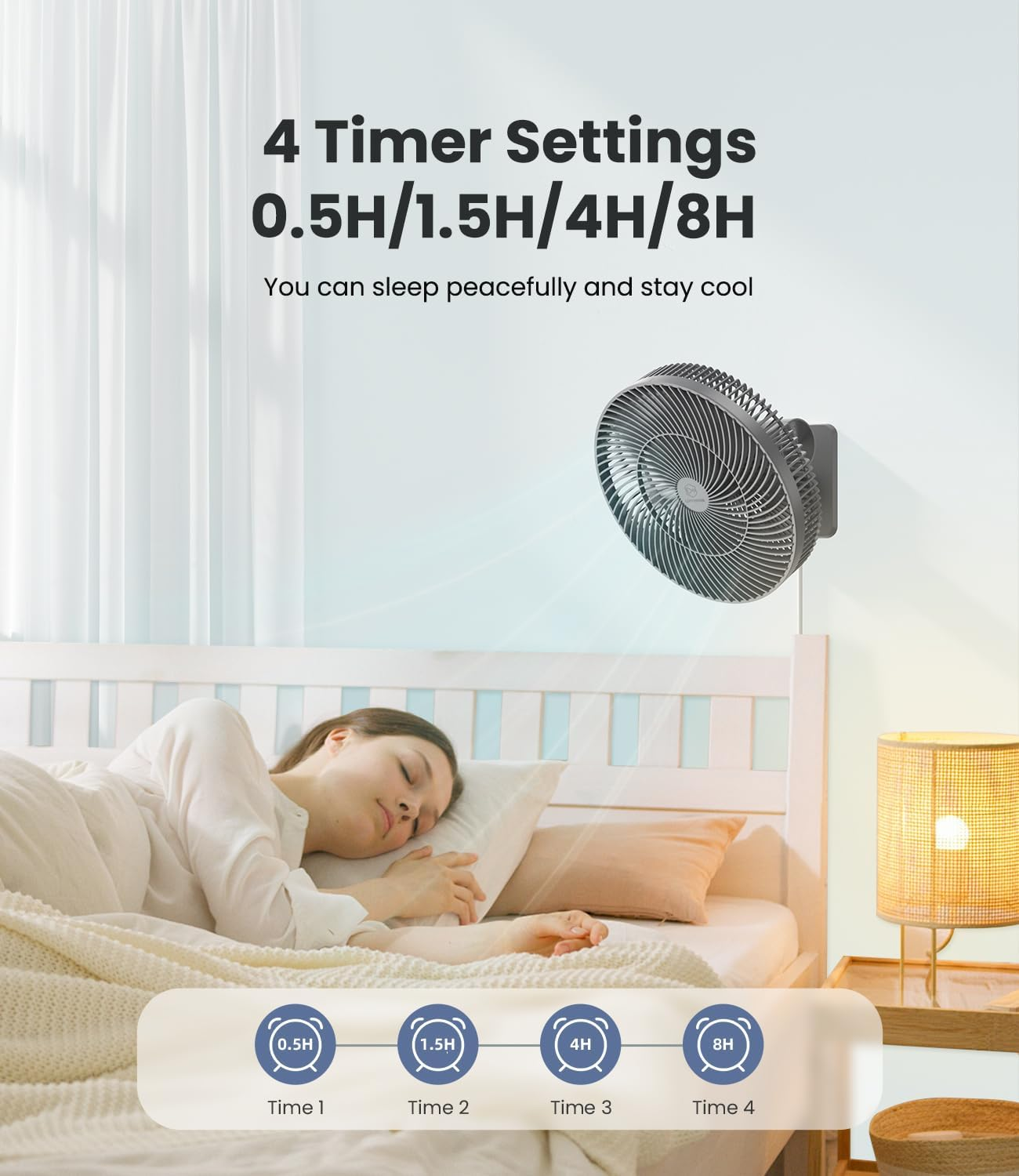 LEMOISTAR 12" Quiet 4-Speed Wall Mounted Fan with Remote Control, 90&deg;Oscillating Timer and Adjustable Tilt, 98" Cord, Ideal for Home, Bedroom, Gym, Garage, RV, Office-Grey image number 6