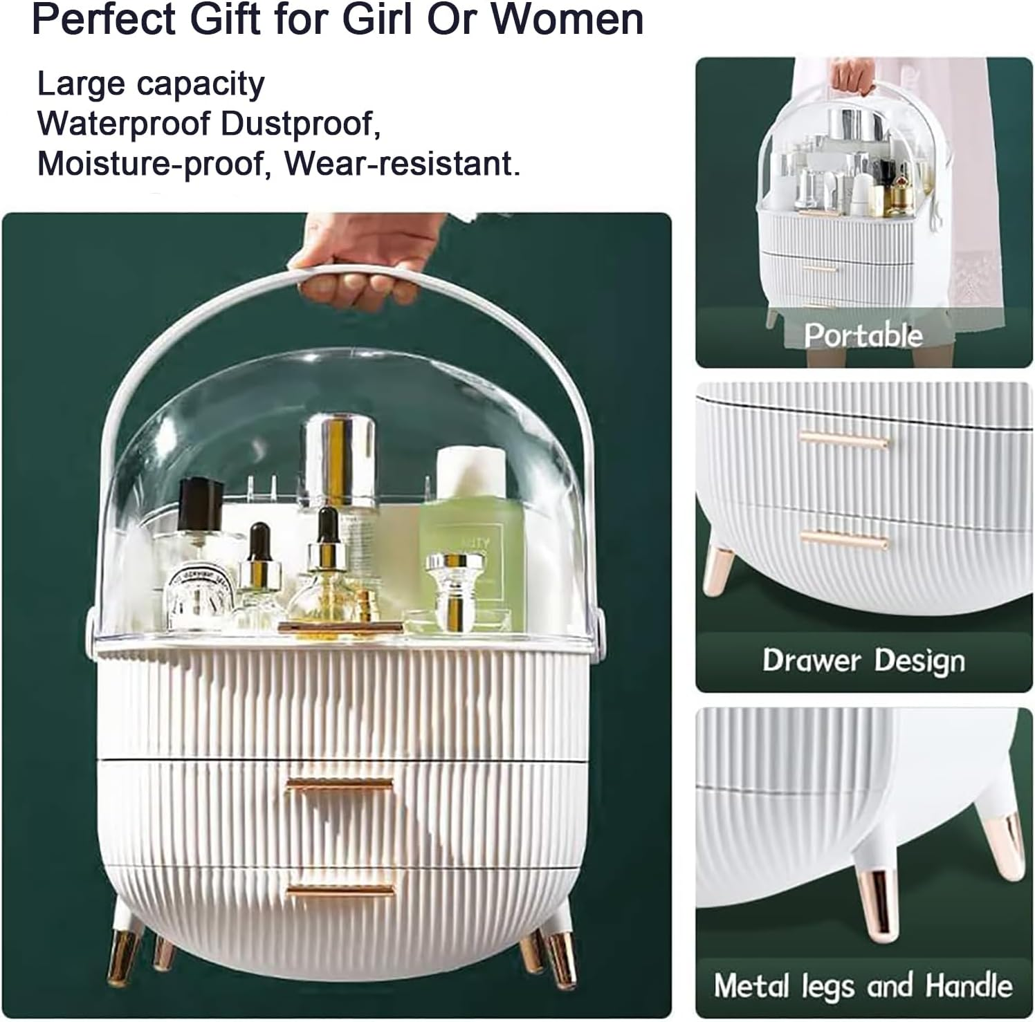 Uandhome Makeup Storage Organizer, Waterproof Cosmetics Display Case Dustproof Makeup Storage, Box Portable Handle Skincare Holder for Bedroom Vanity Desk Bathroom Desktop image number 2