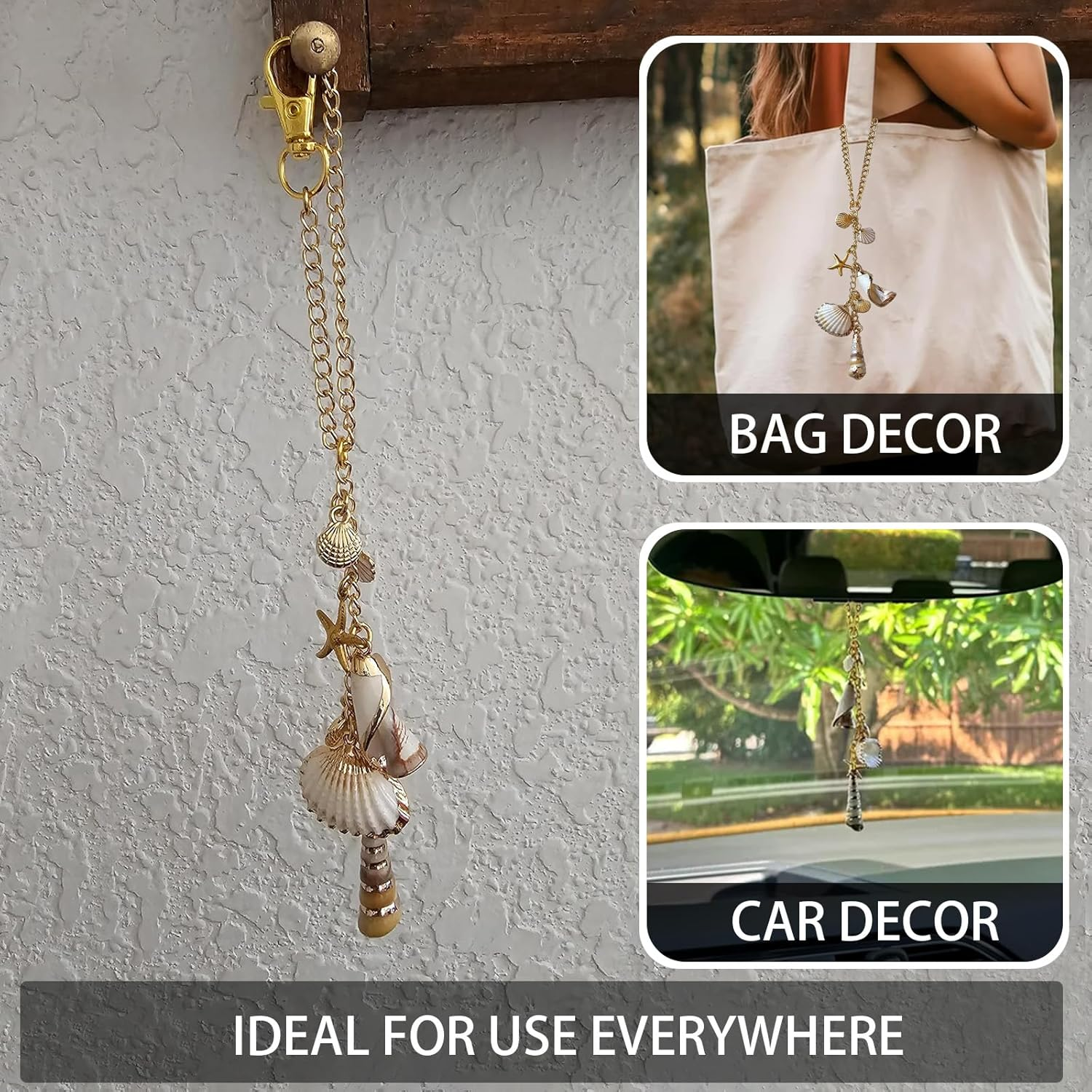 Sea Shells Car Decor,Cute Coastal Hanging Charm for Rear View Mirror, Boho Beach Themed Car Accessories,Hand-Made Starfish Conchas Aesthetic Ornament Pendant for Women