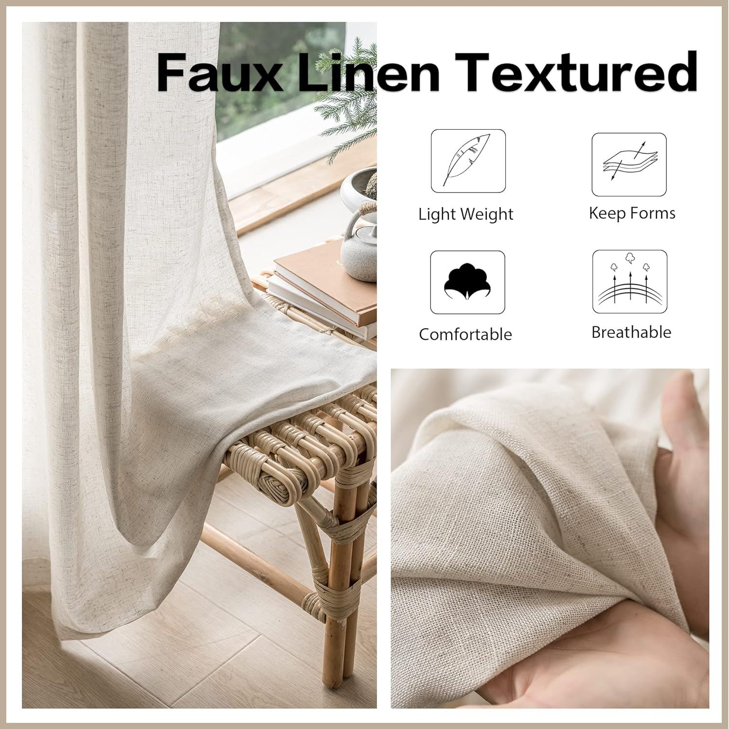MAIHER Faux Linen Semi Sheer Pinch Pleated Drapes for Living Room, Light Filtering Pleated Curtain Panels 96 Inches Long with Hooks for Traverse Rod (Linen, 1 Panel, 72" W X 96" L) image number 7