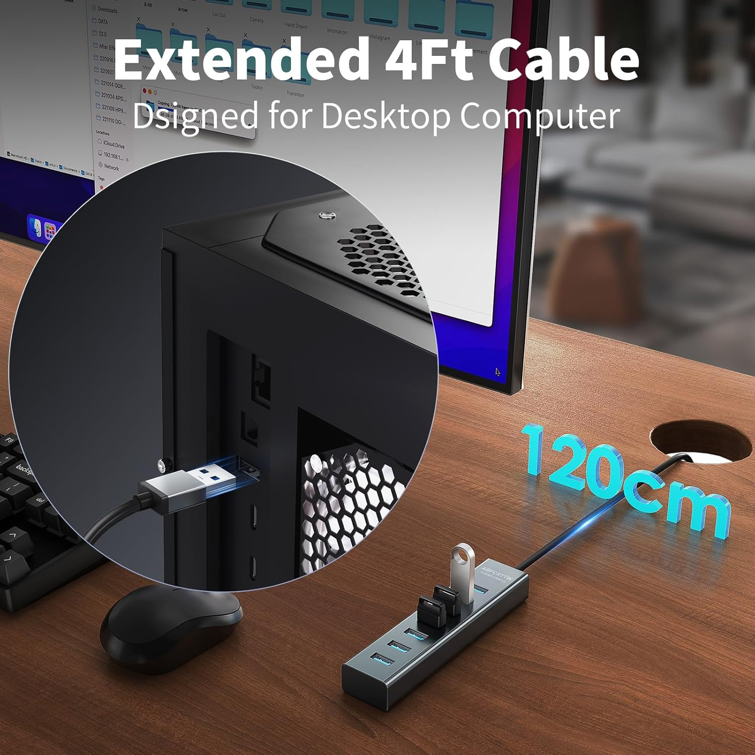 4Ft 7-Port USB Hub 3.0 for Desktop - Aluminium USB Extender Hub 5Gbps Multiport Adapter, USB Splitter, USB Hub Long Cable for Desktop, PC, Flash Drive, PSSD, Windows/Xps, 1.2M