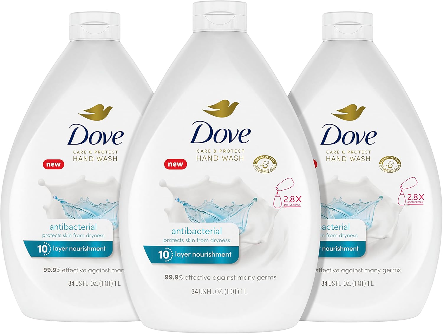 Dove Antibacterial Hand Wash Care & Protect Pack of 3 Protects Skin from Dryness, Moisturizers More than the Leading Ordinary Hand Soap, 34 Oz image number 1