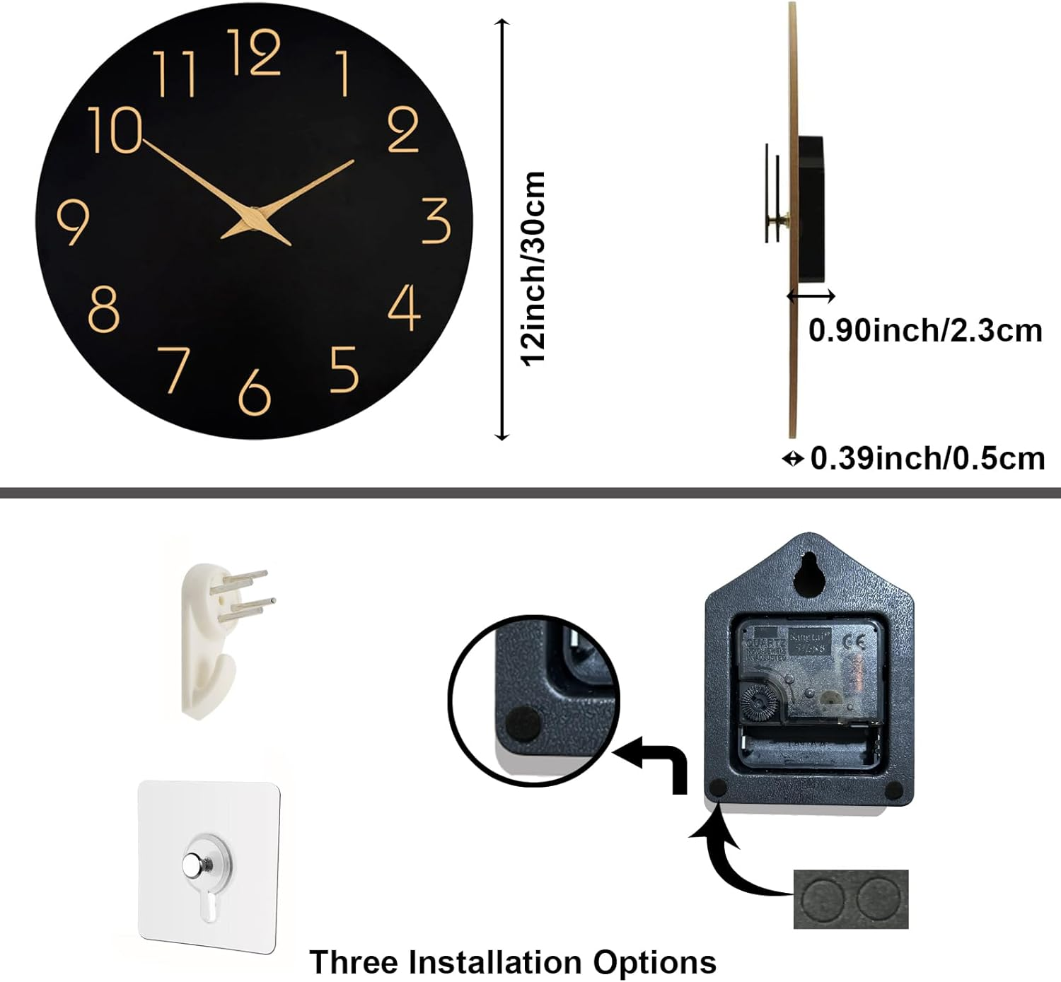 AIJOY 12 Inch Silent Non-Ticking Wall Clock - Battery Operated Modern round Wooden Clock with Cushioned EVA Leveling Pads, Large Easy Read Numerals for Living Room Bedroom Kitchen Office Home Decor image number 2