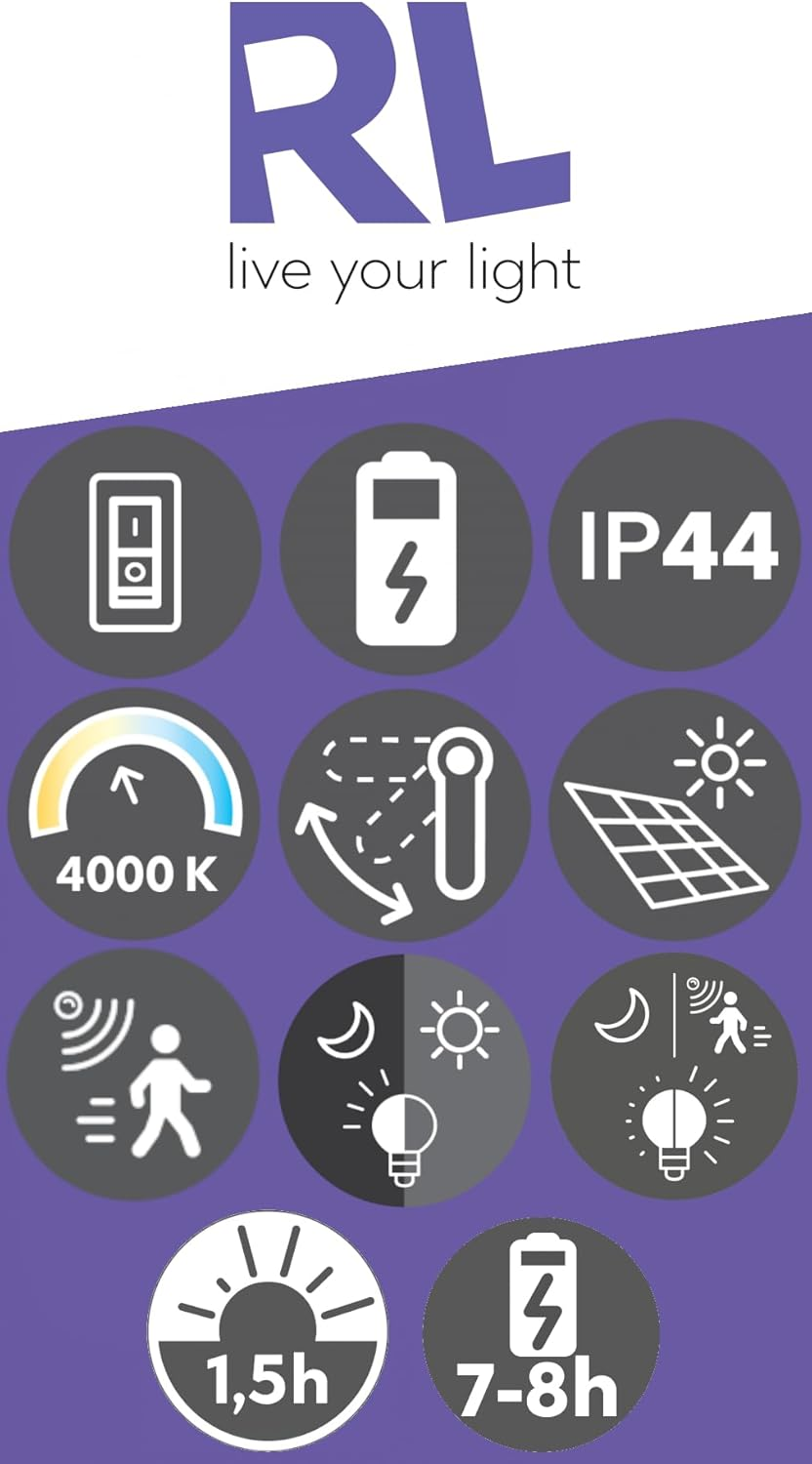 Reality Leuchten Lagoas R23176102 LED Solar Outdoor Wall Light Plastic Black with 3 Watt LED, Motion Sensor, Twilight Sensor, Orientation Light