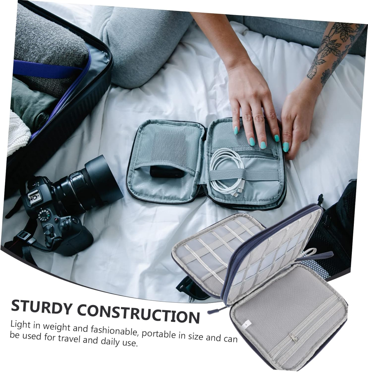 Gadpiparty Travel Storage Organizer Bag Canvas Hanging Toiletry Bag Cord Organizer for Electronics image number 3