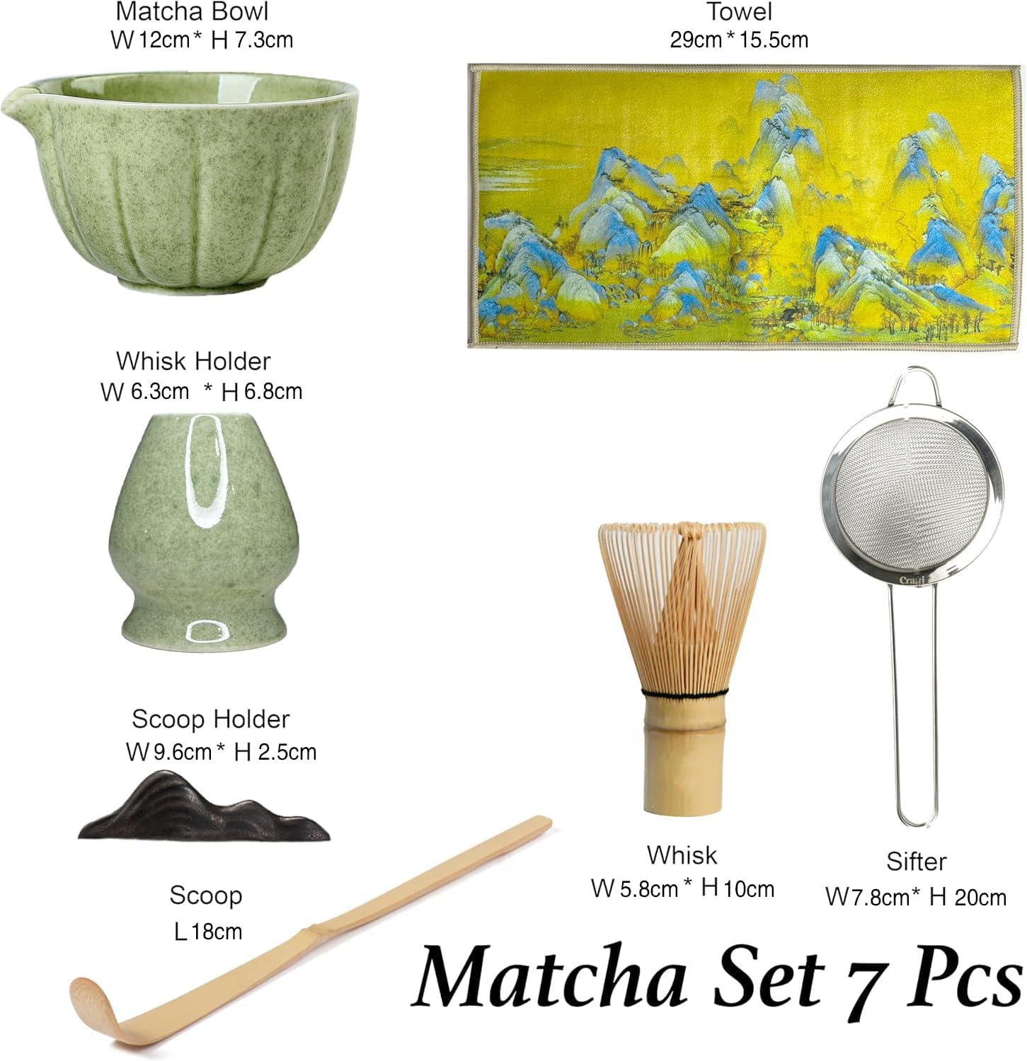 Matcha Whisk Set, XIULIUU 7 Pcs Japanese Matcha Kit, Bowl (Chawan) with Spout, Bamboo Whisk (Chasen) & Holder, Scoop (Chashaku), Sifter, Tea Towel Perfect for Matcha Lovers & Tea Ceremony image number 2