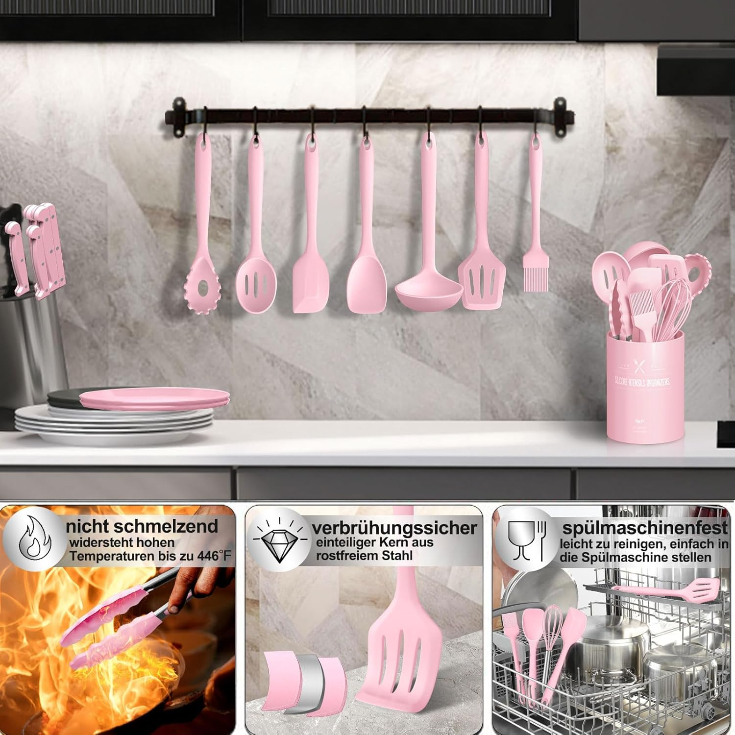 Terlulu Silicone Cooking Utensils, 12-Piece Set, Pink, Non-Stick, Dishwasher Safe image number 6