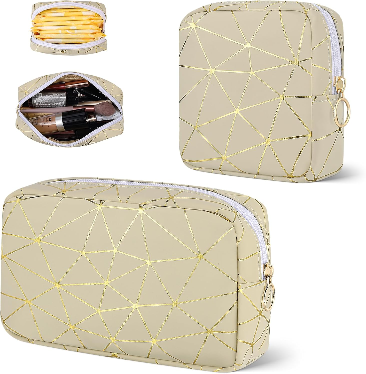 Period Bag for Teen Girls, Leather Sanitary Napkin Storage Bag, Portable Menstrual Pad Bag Period Pads Pouch, Small Make up Bags, Beige Gold, Fashions