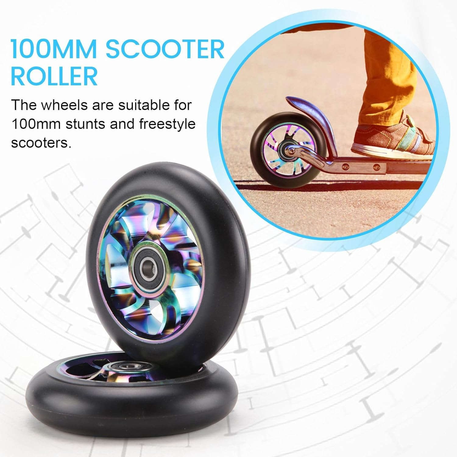 2 Pcs 100Mm Scooter Replacement Wheels with Bearing Stunt Scooter Pu Wheels for Rocking Cars, Extreme Cars, Scooters image number 2