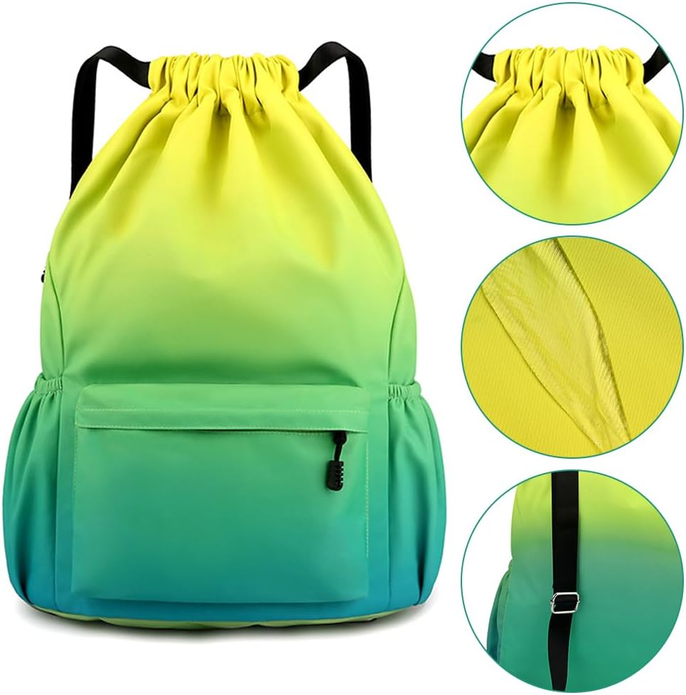 Drawstring Backpack,Waterproof Drawstring Bag,Storage Backpack,Outdoor Travelling Bag,For Sports, Work,For Men Women,With outside Zipper Pocket (Yellow Green Gradient) image number 3