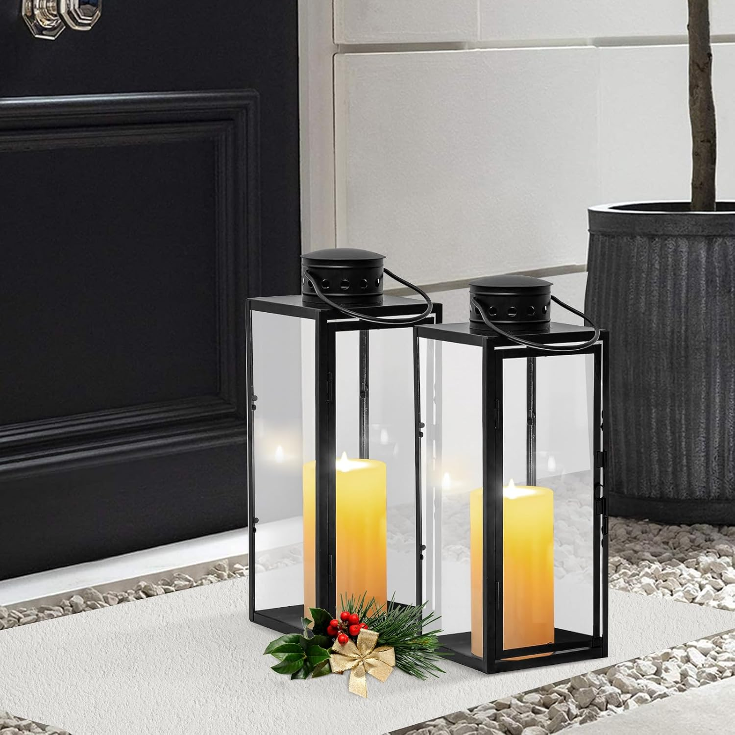Lantern for Candles, Pack of 2, (24 + 35 Cm High) Garden Lantern, Metal Lanterns for Outdoor Use, Large Lanterns, Grave Lantern, Candle Lantern, Glass Lantern, Hanging Christmas Day Decoration, Black