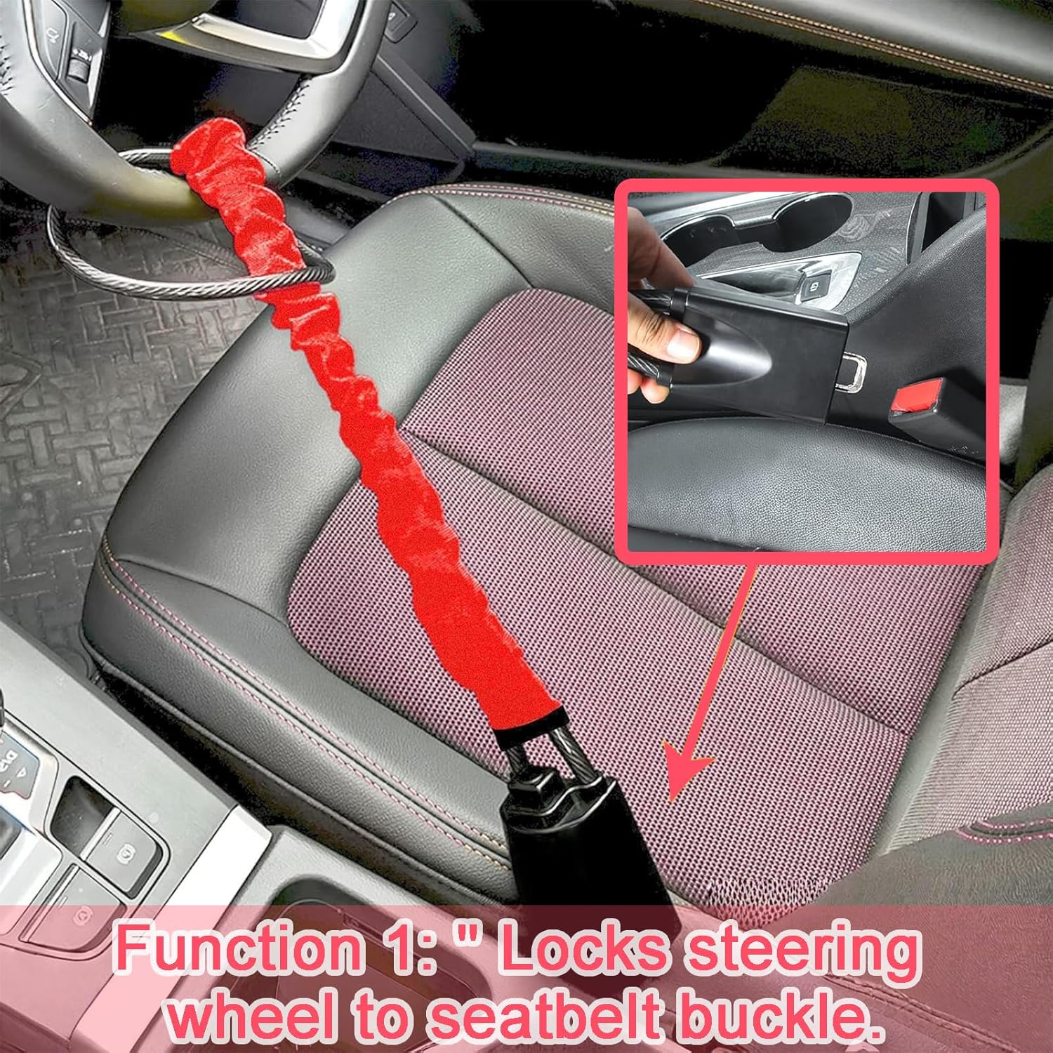 Treayes Steering Wheel Lock with 3 Keys - Universal Fit for Most Vehicles with Seat Belt Buckles, Sturdy Lock for Car, Truck, SUV, Van Security (Red) image number 5