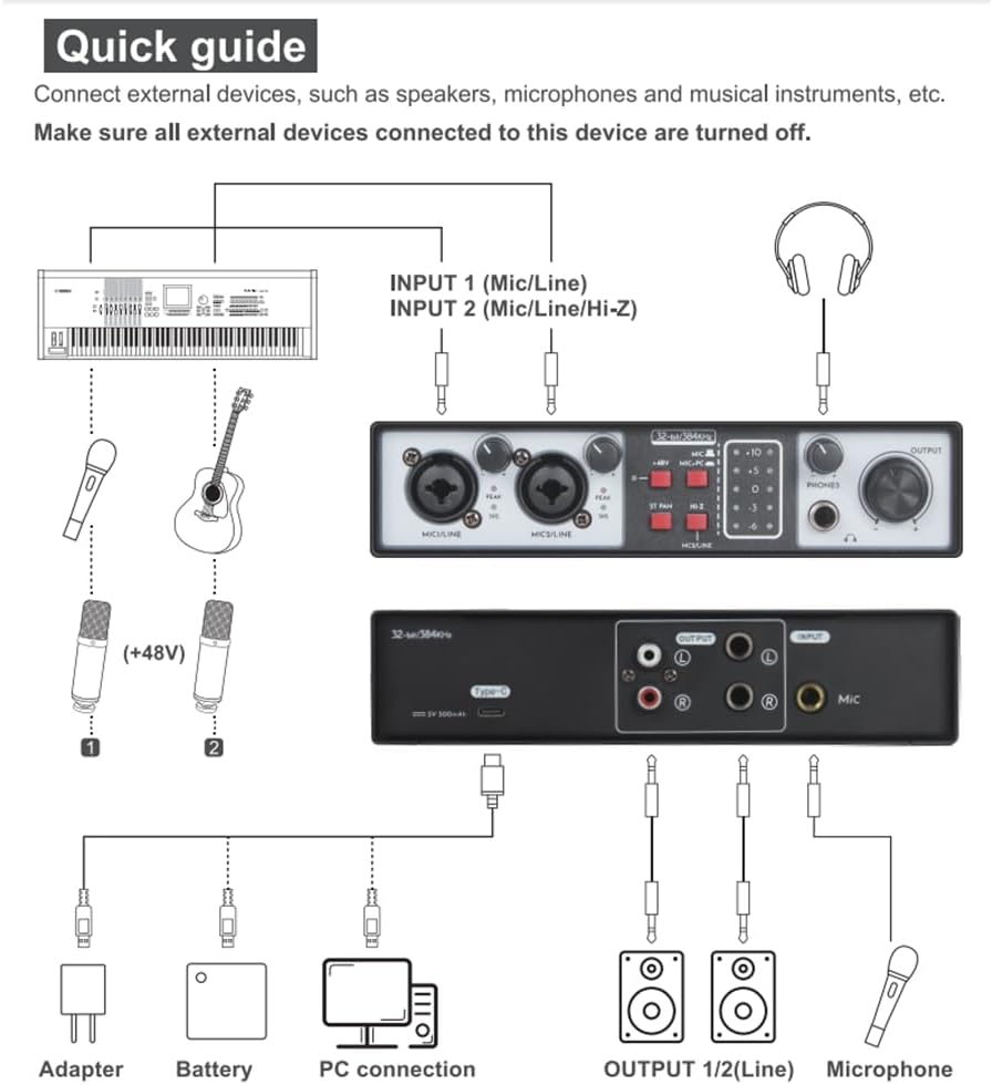 Elqater 2 in 2 Out USB Audio Interface 32Bit/384Khz Studio Parts Recording Sound Card 48V Phantom image number 4