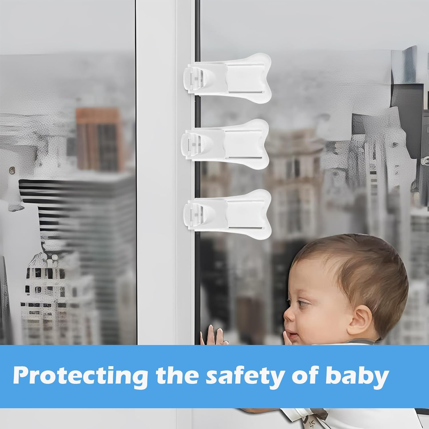 Sliding Door Lock, 8Pcs Child Lock, Child Safety Locks, Baby Proof Cupboard Locks with No Screws or Drills, Sliding Window Locks for Sliding Glass Doors, Windows, Closets & Cabinets image number 1