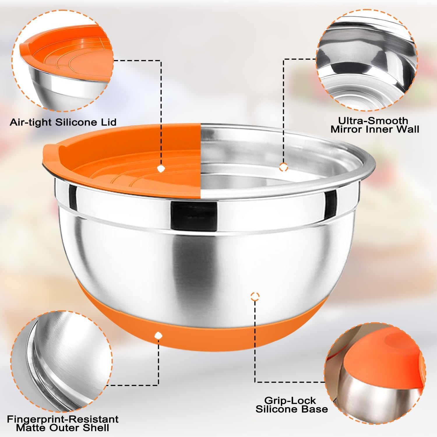 WEKUBA 5-Piece Stainless Steel Mixing Bowls Set with Lids, Non-Slip Silicone Base & 3 Grater Attachments &ndash; Stackable, Dishwasher Safe for Baking & Meal Prep