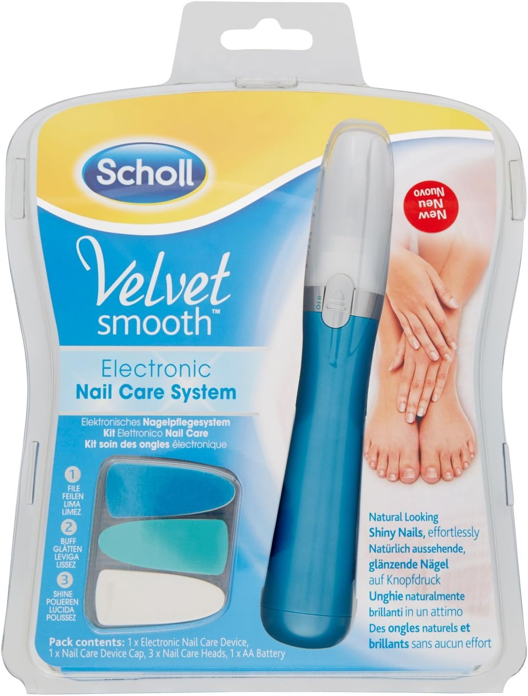 Scholl Velvet Smooth Electronic Nail Care System File Buff & Shine, Blue, 1 Count