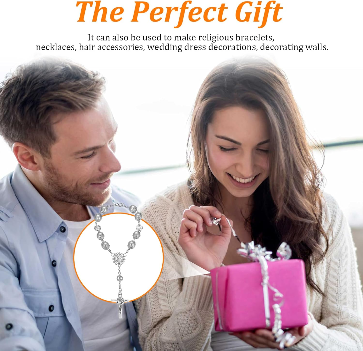 Ziciner 2 PCS Car Rosary for Rearview Mirror, Personalized Blessing Rear View Mirror Hanging Decors, Auto Rearview Mirror Rosary Pendant, Car Interior Hanging Accessories (Silver) image number 1