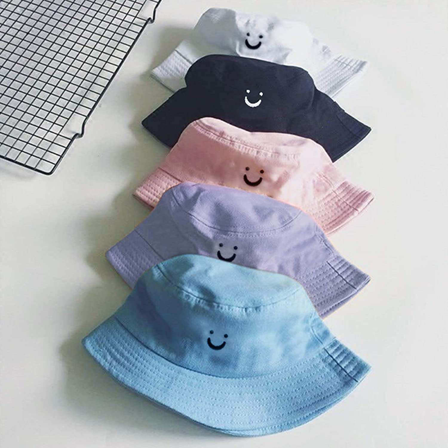 Bucket Hat Unisex 100% Cotton Smile Face Embroidery Reversible Hat Travel Bucket Beach Sun Hat Outdoor Cap image number 2