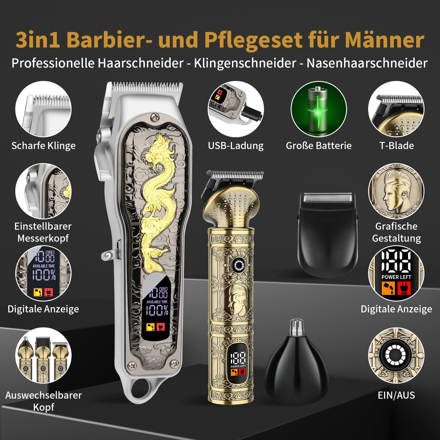 HIENA Pro Fessionelle Hair Trimmer for Men, Cordless Rechargeable Hair Clipper and Trimmer Set, Hair/Beard Trimmer and Electric Care Kit, Nose Hair Trimmer, Hair Trimmer image number 2