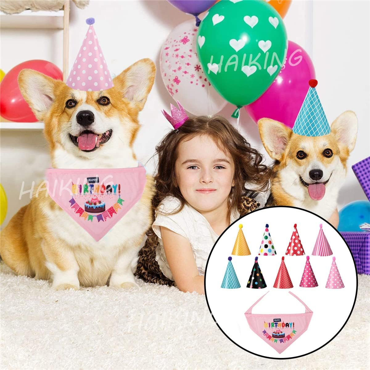 HAIKING Dog Birthday Bandana and Hat Set, 9 Pcs Mixed Color Triangle Birthday Dog Cute Hat with 1 Pcs Adjustable Birthday Bandana for Pet Party Celebrate image number 3