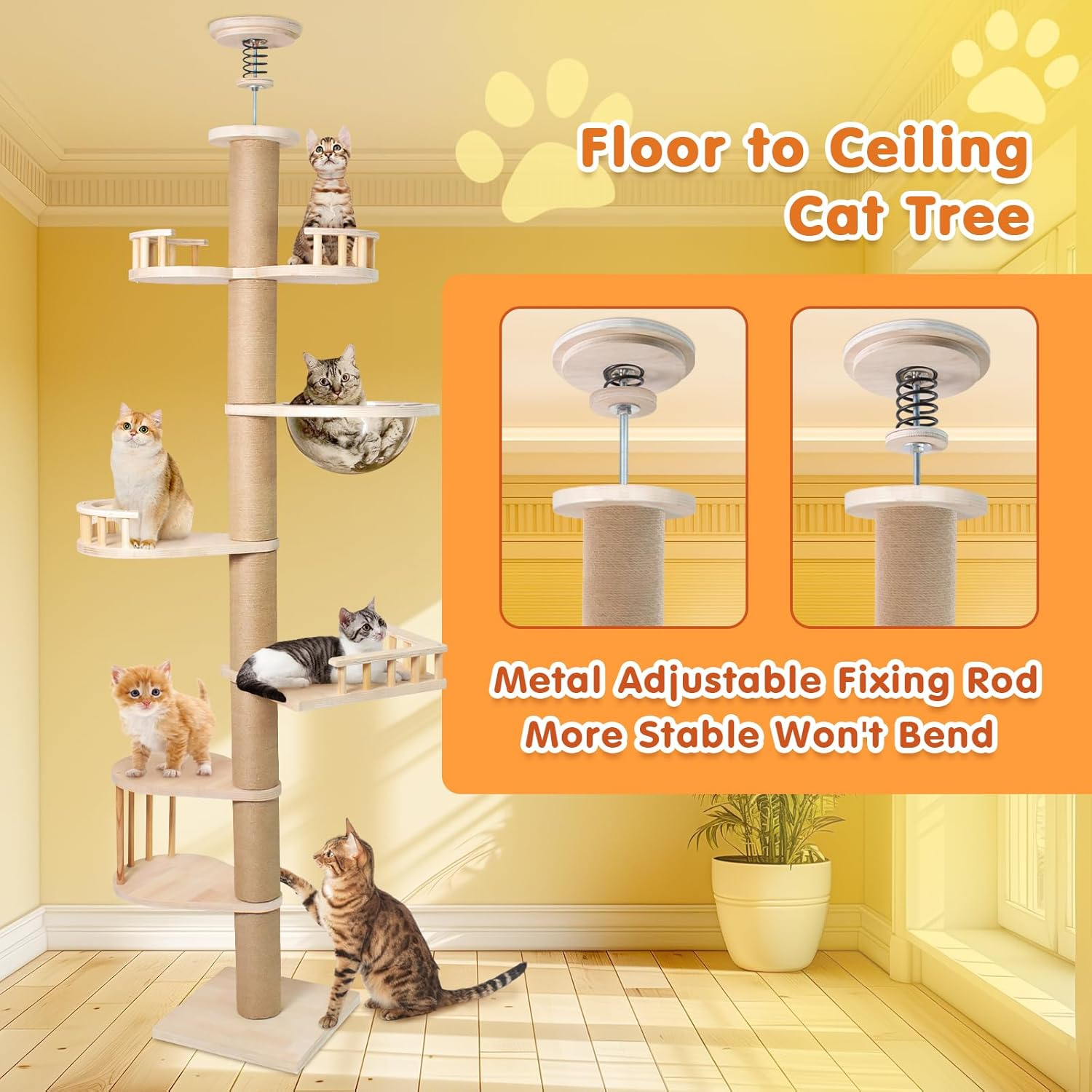 Advwin Floor to Ceiling Cat Tree Tall Cat Tower, Adjustable Height (230-275Cm), 6 Tiers Cat Scratching Post Natural Sisal Rope Cat Tree Cat Modern Activity Tree for Indoor Cats image number 3