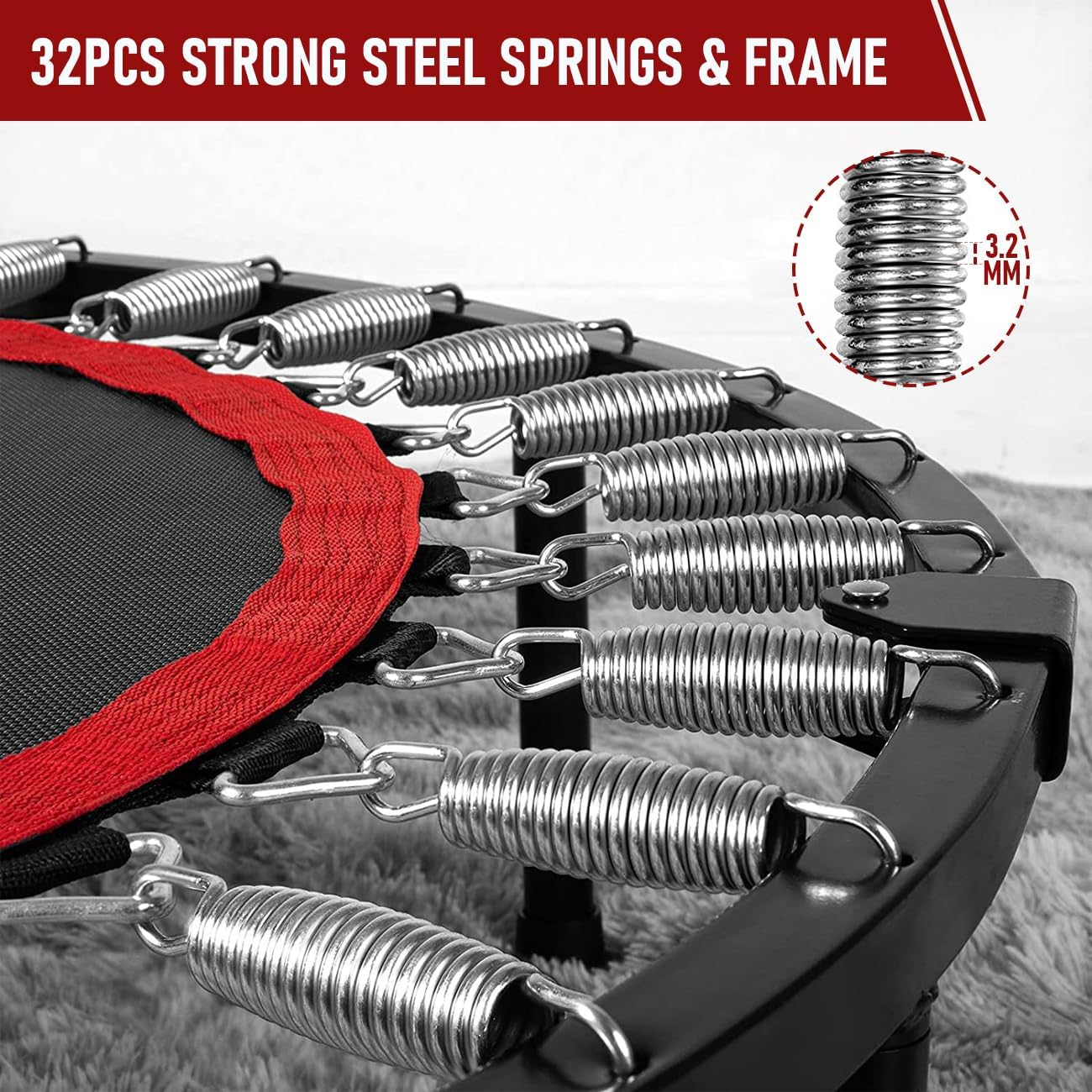 Foldable Rebounder Trampoline with Adjustable Foam Handle (4-Level Height) - Thick Steel Spring Fitness Workout for Adults, Max Load 350KG, Indoor/Outdoor Exercise image number 6