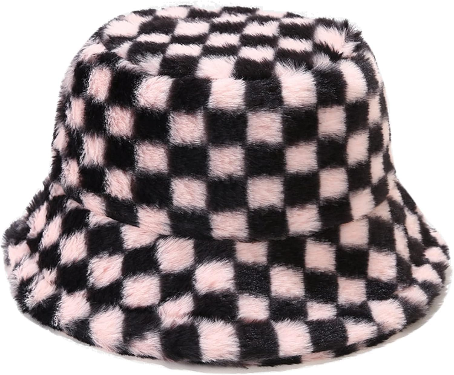 Checkered Fuzzy Bucket Hat &ndash; Winter Faux Fur Unisex Hat with Fluffy Soft Lining &ndash; Windproof Warm Bucket Hat for Men & Women &ndash; Black & White Plaid Design