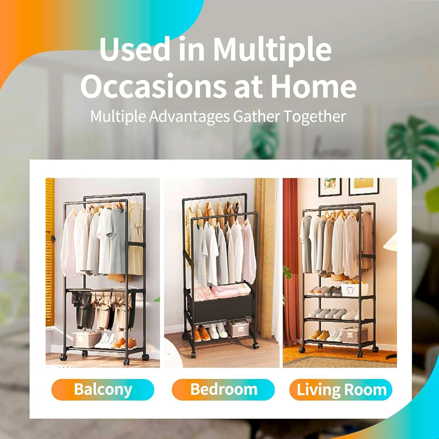 Double-Rail Clothes Hanger Stand, Storage Shelf Stand with Clothes Rail and Rolling Coat Rack,Clothing Garment Rack with Bottom Shelf, Drying Rack, Household Space Saving Storage Organizer for Bedroom image number 3