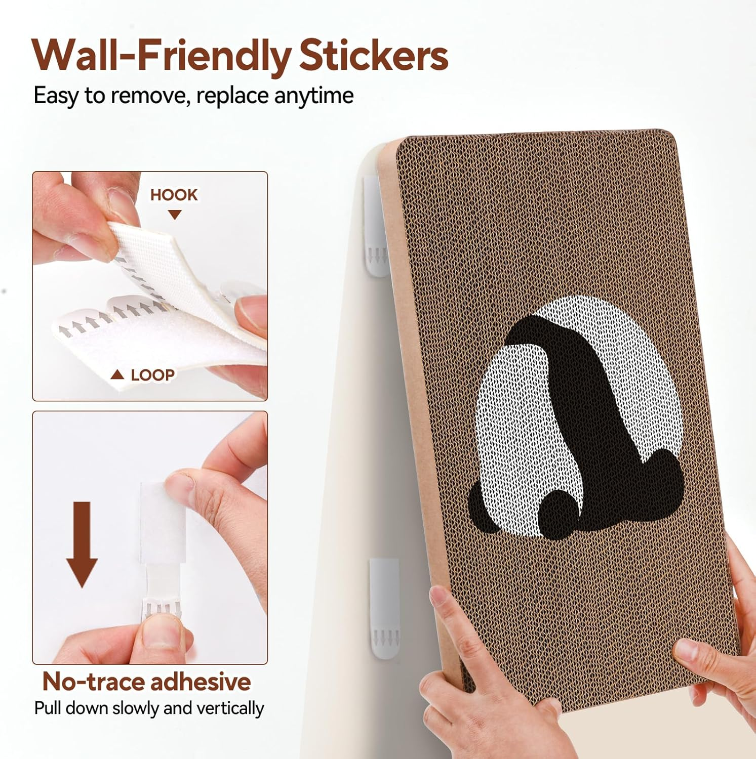 AUSCAT Cardboard Cat Wall Scratcher, 7 Cat Scratching Boards with Box, Wall Mounted Cat Scratching Pads for Indoor Cats, Furniture Protector, 14.5" X 9.3", Panda Pattern