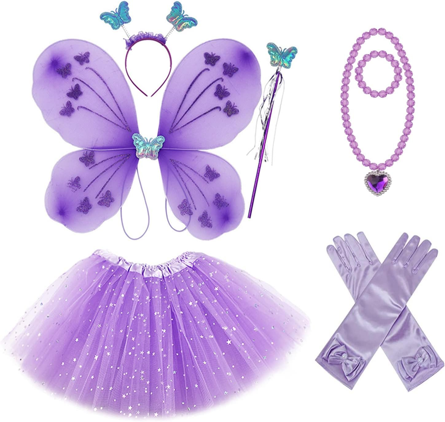 Ricjurzzty Girls Fairy Costume Fancy Dress up Butterfly Costume Sets with Tutu Dress, Butterfly Wing, Headband,Wand Costume Set for 3-8 Years Girls