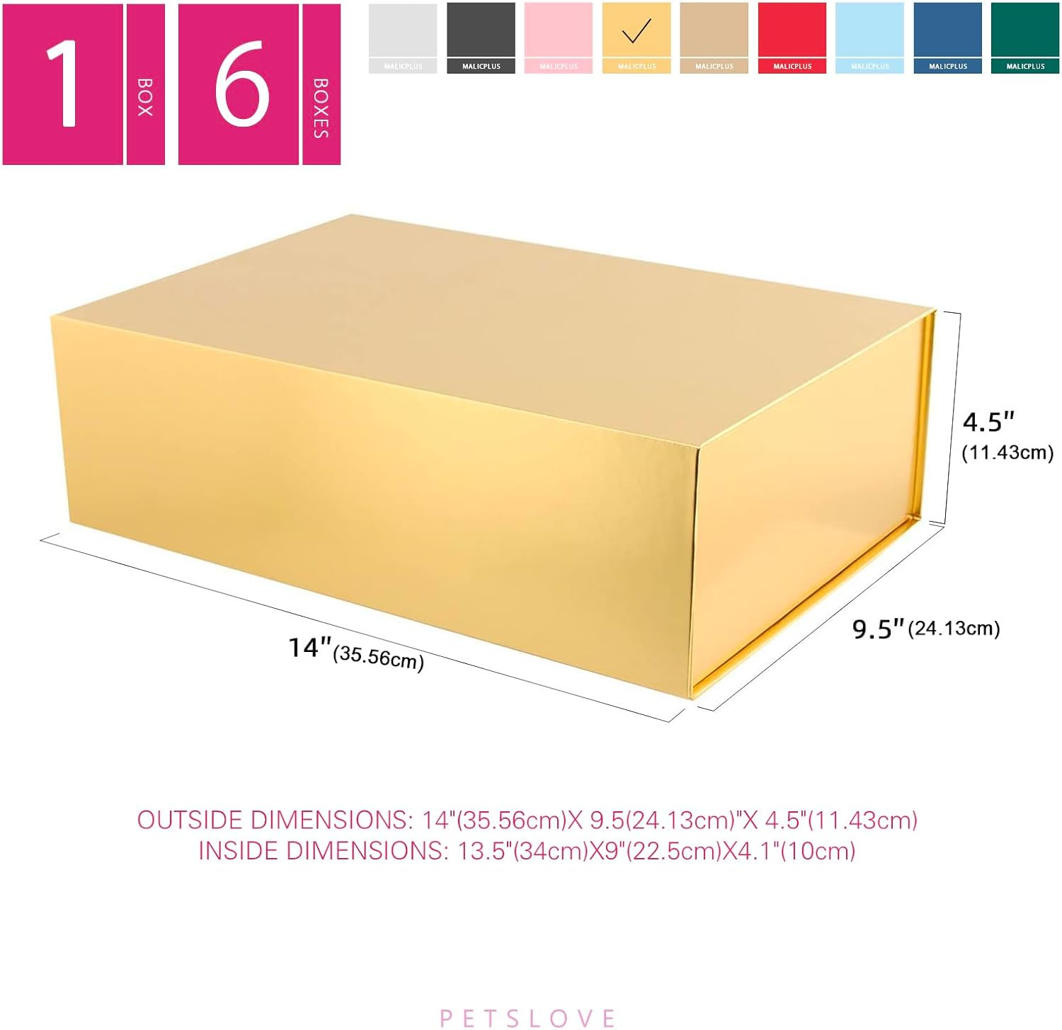 PETSLOVE Large Gold Gift Box 35.56X24.13X11.43 Cm,Collapsible Bridesmaid Proposal Box with Magnetic Closure for All Occasion - Gold-6 Pack image number 3