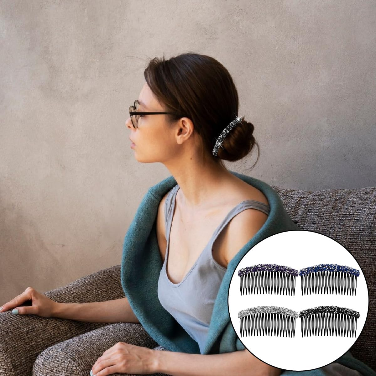 NILLOS Rhinestone Hair Side Combs, 4 PCS Plastic Claw Rhinestone Hair Accessories for Women, Girls (White, Black, Blue, Purple) image number 4