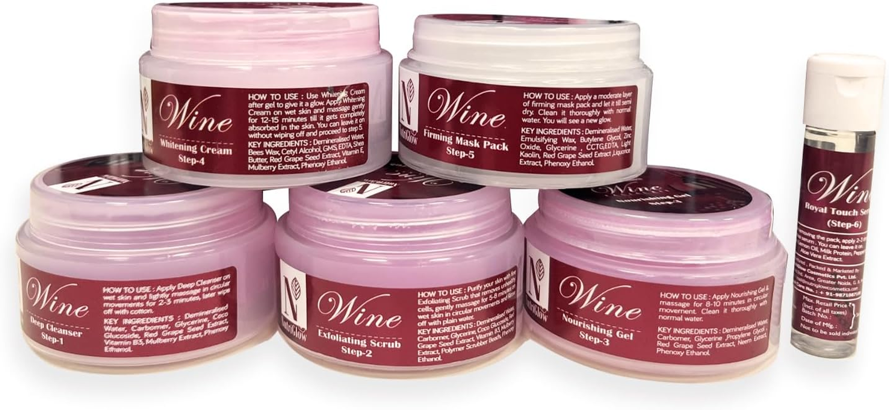 Nutriglow Wine Facial Kit 6-Pieces Skin Care Set with Deep Cleanser, Exfoliating Scrub, Nourishing Gel, Whitening Cream, Mask Pack and Face Serum for anti Aging Skin Care Kit for Women(250Gm+10Ml) image number 3