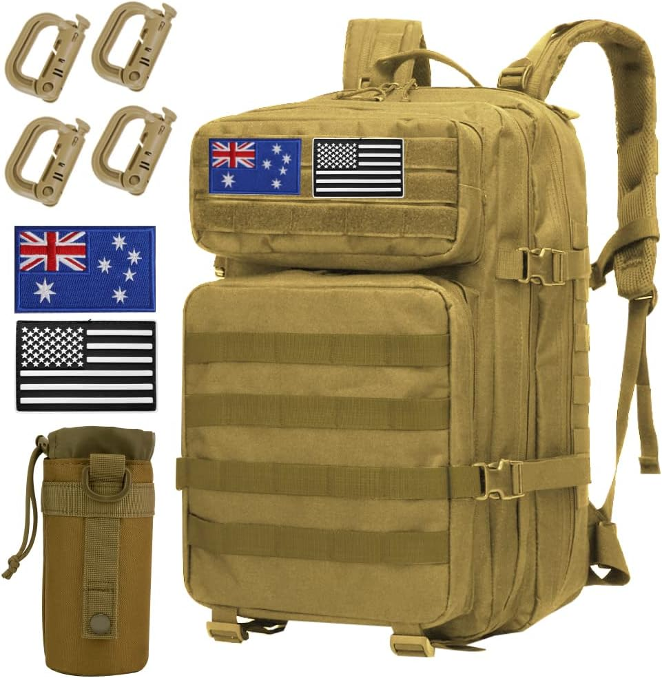 WOTOW Tactical MOLLE Military Bag for Men Women, Day Pack Ruskack Survival Emergency Army Combat Bug-Out Bag Backpack Kit with a Water Bottle Bag, 4 Carabiners and Magic Tapes