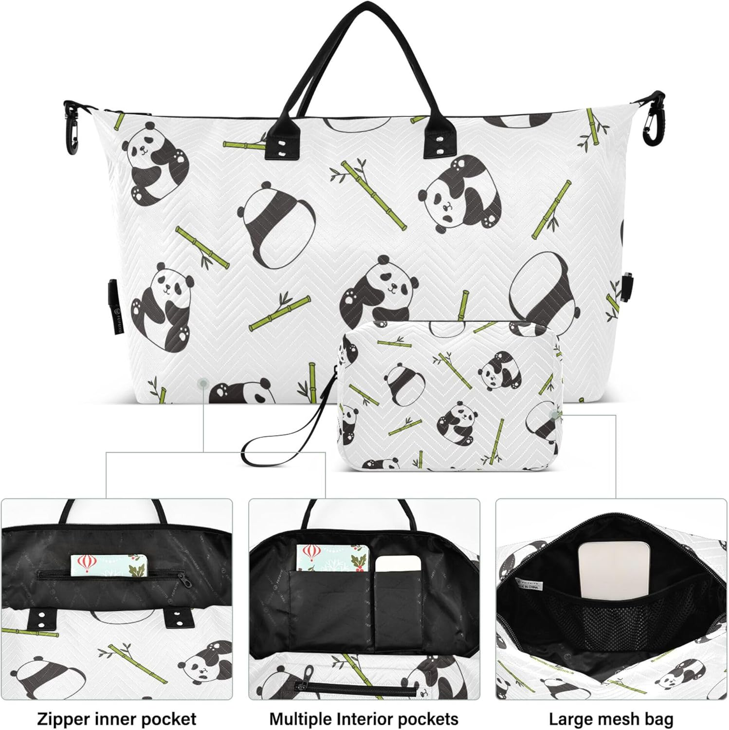 Luggage Travel Bag Gym Bag Carry on Weekend Bag with Toiletry Bag for Gym Waterproof Giant Pandas and Green, Multi, One Size, Modern/Fitted, Multi, One Size, Modern/Fitted image number 1