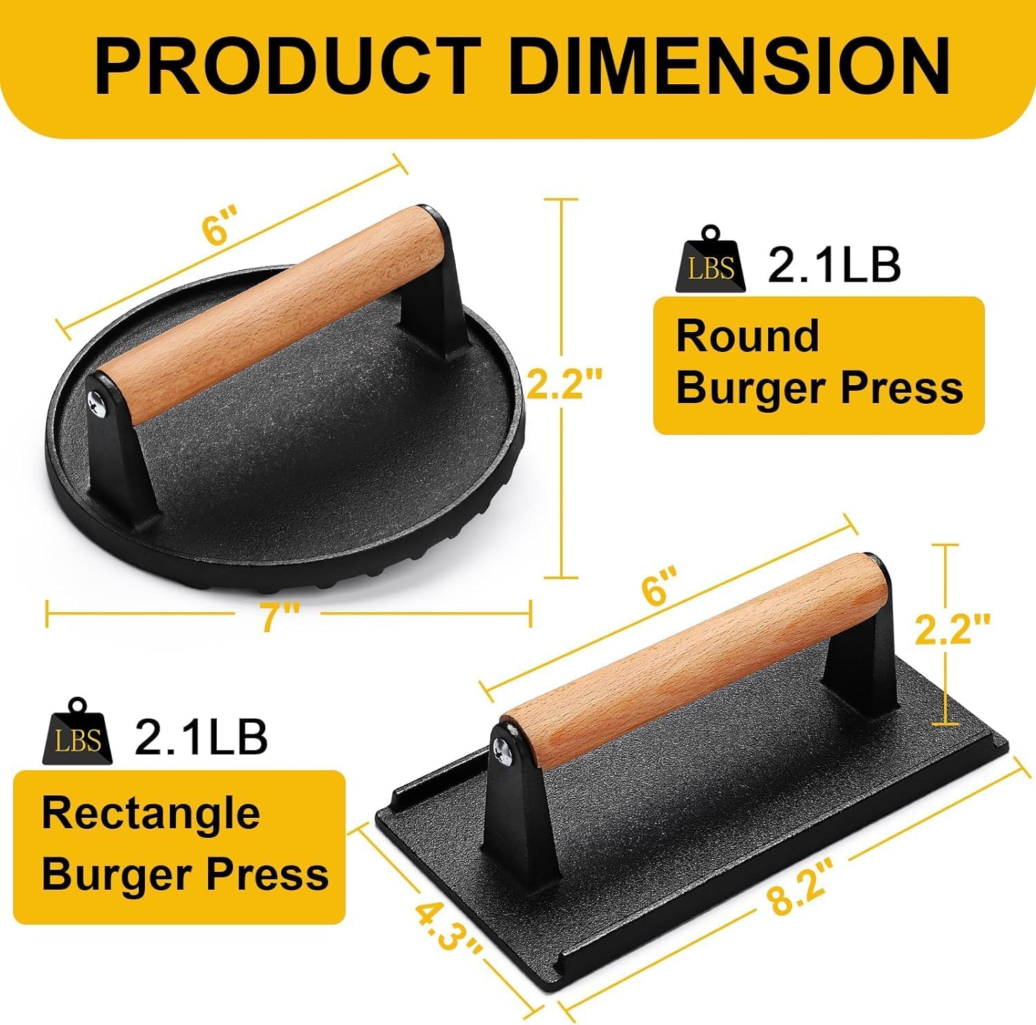 Burger Press, 7" round & 8.2"X4.3" Rectangle Hamburger Press, Heavy-Duty Cast Iron Bacon Press, Meat Press with Wood Handle for Burgers, Steak, Sandwich and Panini