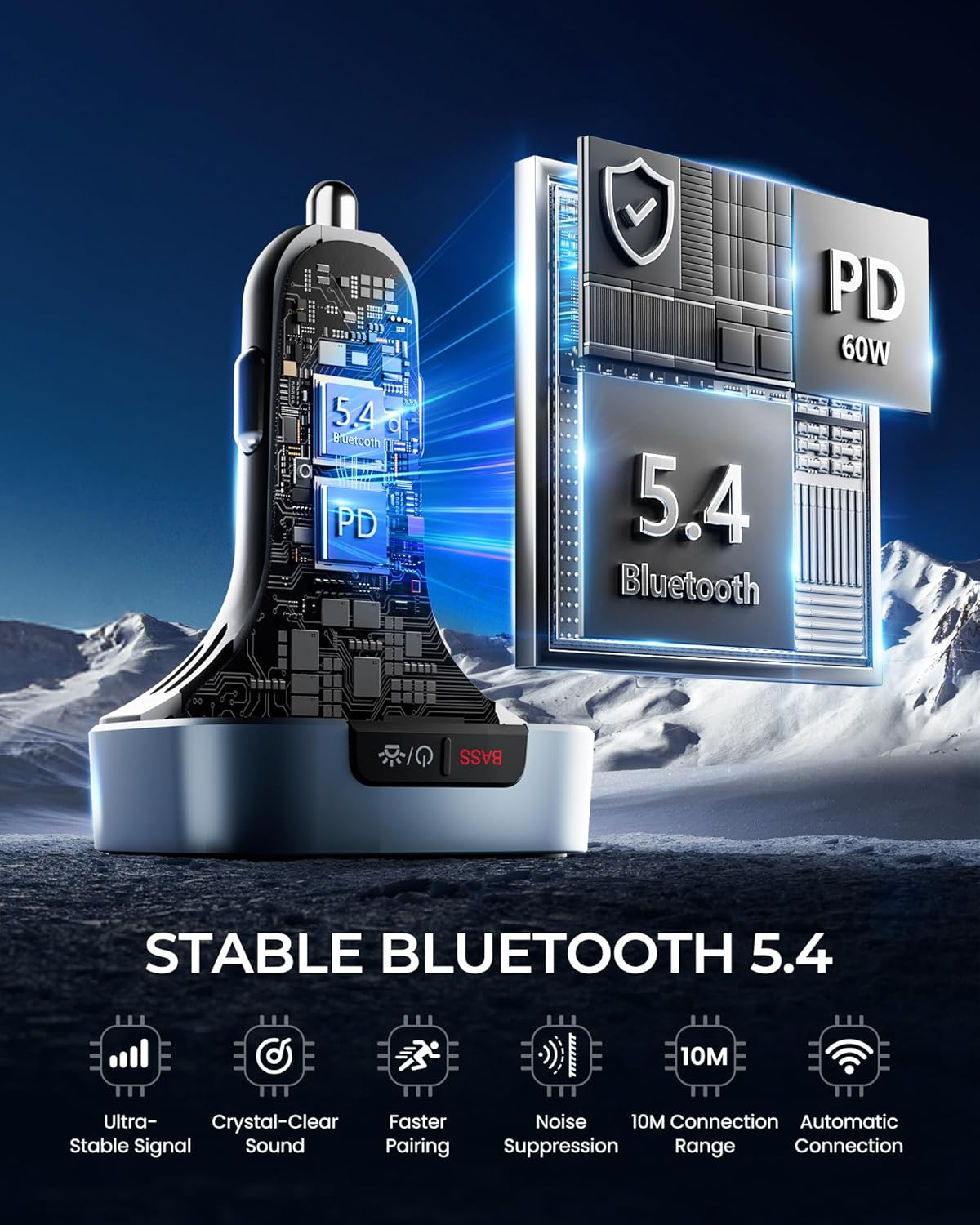 LENCENT Bluetooth 5.4 FM Transmitter Car Bluetooth Adapter, 60W PD 30W Dual USB-C Fast Charge, Car Music Adapter, Hands-Free Calling, 7-Colour LED Backlight and USB Stick image number 2