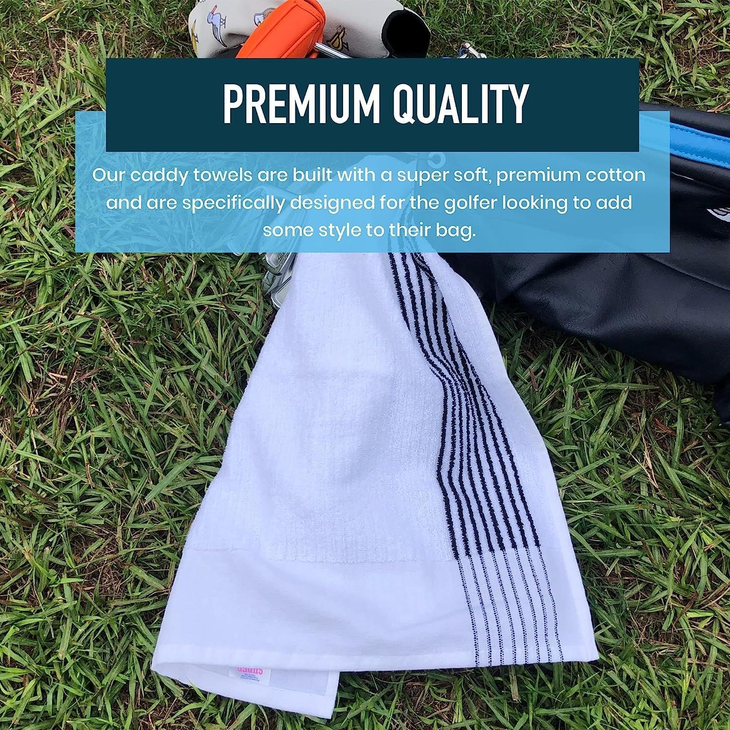 E9 GOLF Caddy Towel - Large 22" X 44" Caddie Style Golf Towel Design, Use the Same Golf Towel That Tour Players Use, Simple, Clean Design, White with Black Stripes image number 4