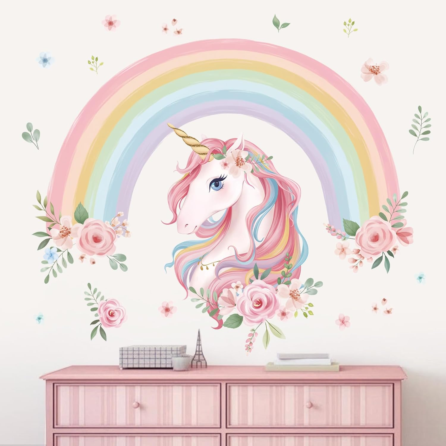 Wondever Large Rainbow Wall Decals Unicorn Flower Peel and Stick Wall Art Stickers for Girls Bedroom Kids Room Baby Nursery - Unicorn image number 4
