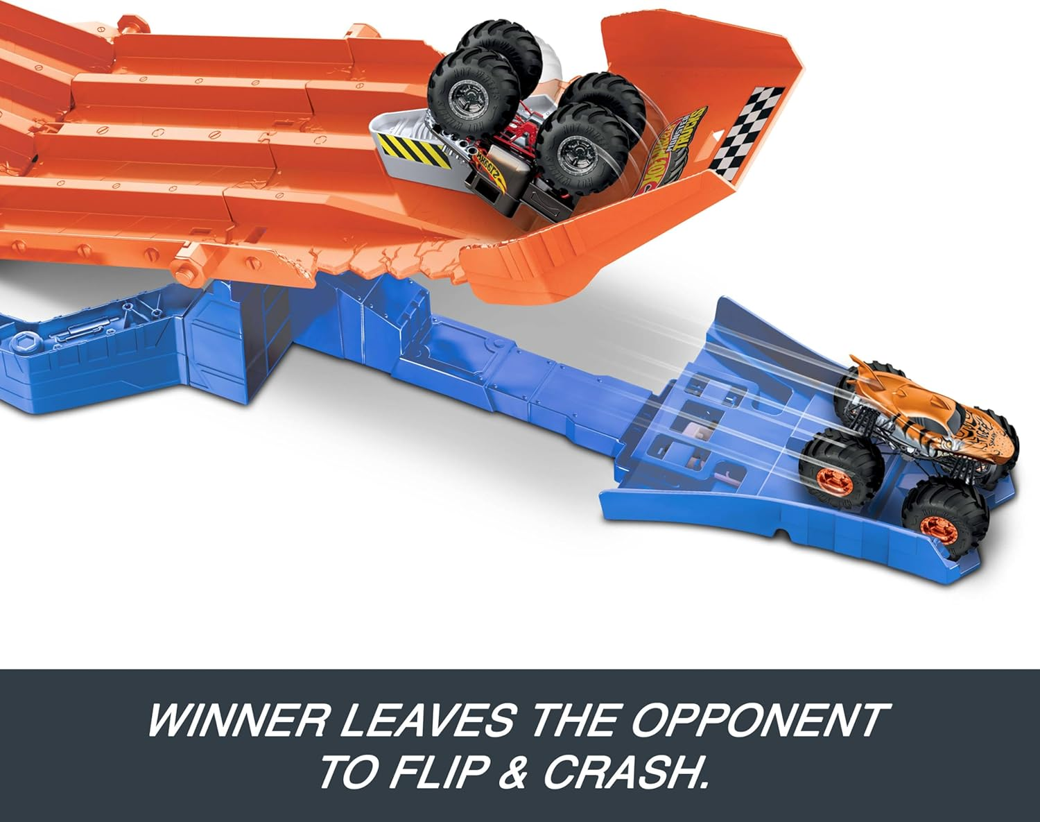 Hot Wheels Toy Monster Trucks Track Set with 1:64 Scale Mega-Wrex & Tiger Shark, Competitive Racing, Sharks Vs. Dinos Racedown Destruction Playset image number 4
