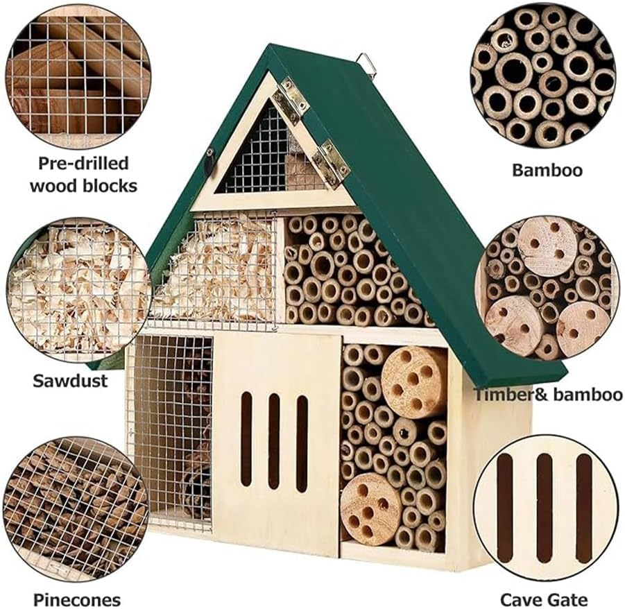 Bee House Wooden Hanging Garden Decoration, Natural Wooden Bee Hotel for Outdoors, DIY Insect Shelter for Garden, Yard, or Balcony &ndash; Attracts Pollinators like Bees, Butterflies & Ladybugs image number 1
