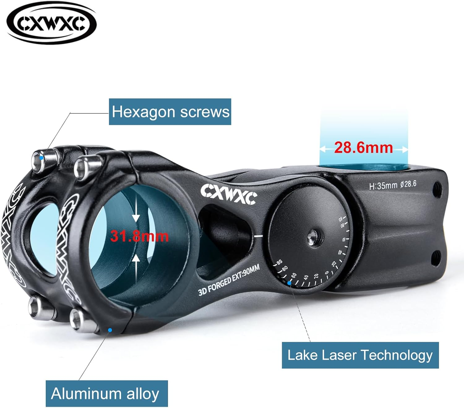 CXWXC Adjustable MTB Stem 31.8Mm 85 Degree - 90/110/145Mm Bike Stem Riser for Handlebar - Aluminum Alloy Mountain Bike Handlebar Riser Extender for MTB Road City Bike Bicycle (31.8 X 90Mm) image number 6