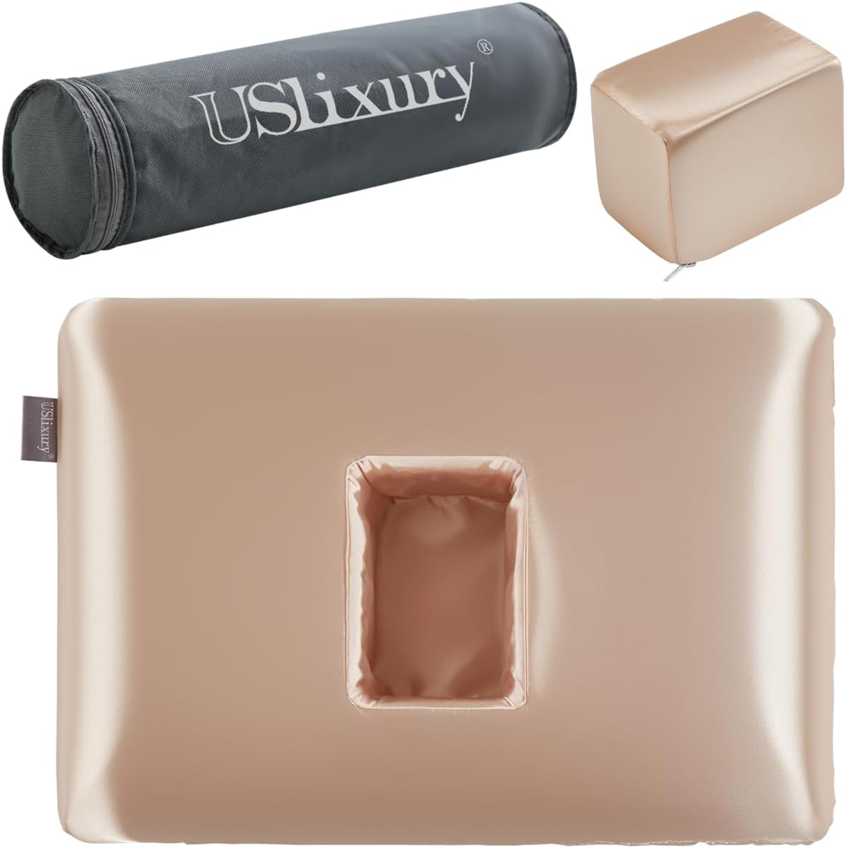 Uslixury Piercing Pillow - Ear Piercing Pillow with Foam Plug, 4''H Ear Pillow with 4.7 * 3.2 and off Center Ear Hole, Certipur-Us Memory Foam Piercing Pillow for Side Sleeper, Satin Cover, Champagne image number 2