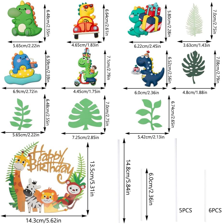 Sxutop 14 PCS Birthday Cake Cute Toppers Tropical Palm Leaves Cake Toppers Dinosaur Decoration with Gifts in Hand Cake Toppers Dinosaurier Theme Cake Supplies for Theme Birthday Baby Shower Party image number 1