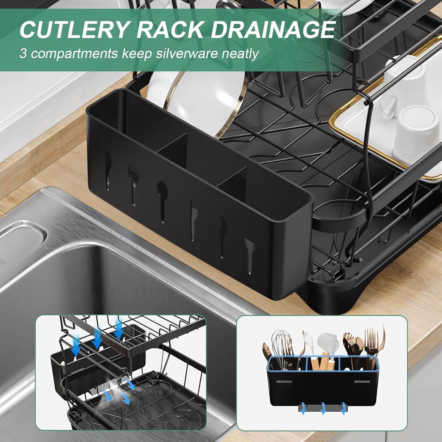 Koreal Dish Drying Rack, 2 Tier Dish Racks for Kitchen Counter, Large Stainless Steel Kitchen Dish Drying Rack with Drainboard, Detachable Dish Drainers with Utensil Holders image number 1