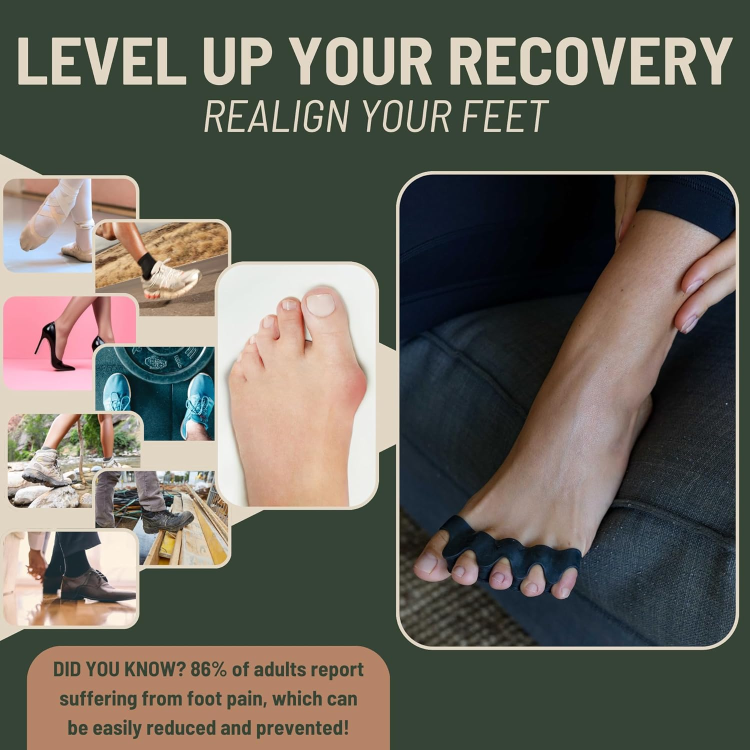 Toe Spacers - Bunion Corrector for Women & Men, Toe Separators for Women, Toe Spacers Men, Hammer Toe Straightener, Bunion Relief, 1 Pair Silicone Gel Toe Separators (Black, 1) image number 5