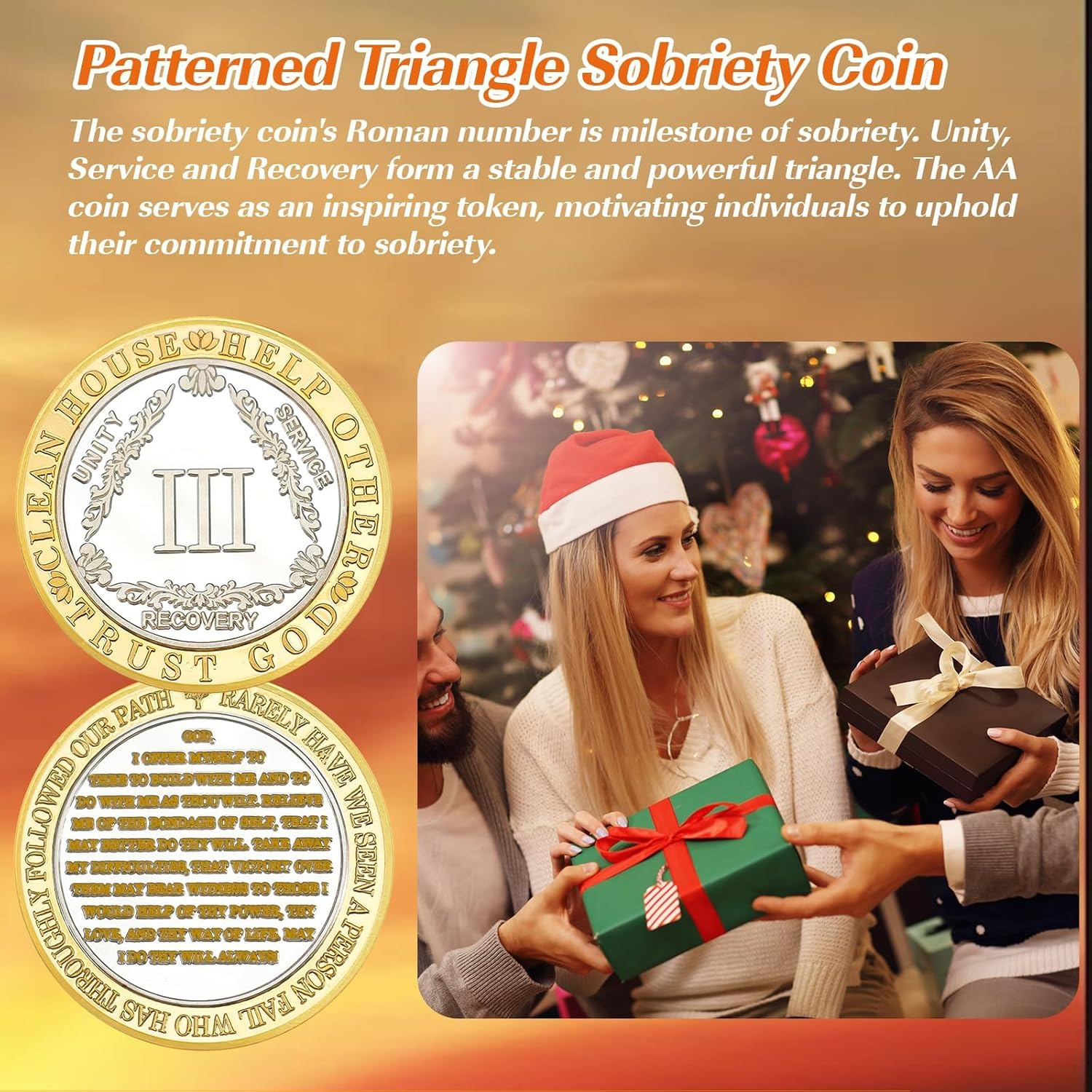 Silver Pattern Triangle 3 Year Sobriety Coin- Affirmation Sober Coin - AA Chips and Medallions &ndash; Addiction Recovery AA Coins &ndash; Narcotics Alcoholics Anonymous Sobriety Gifts for Women Men