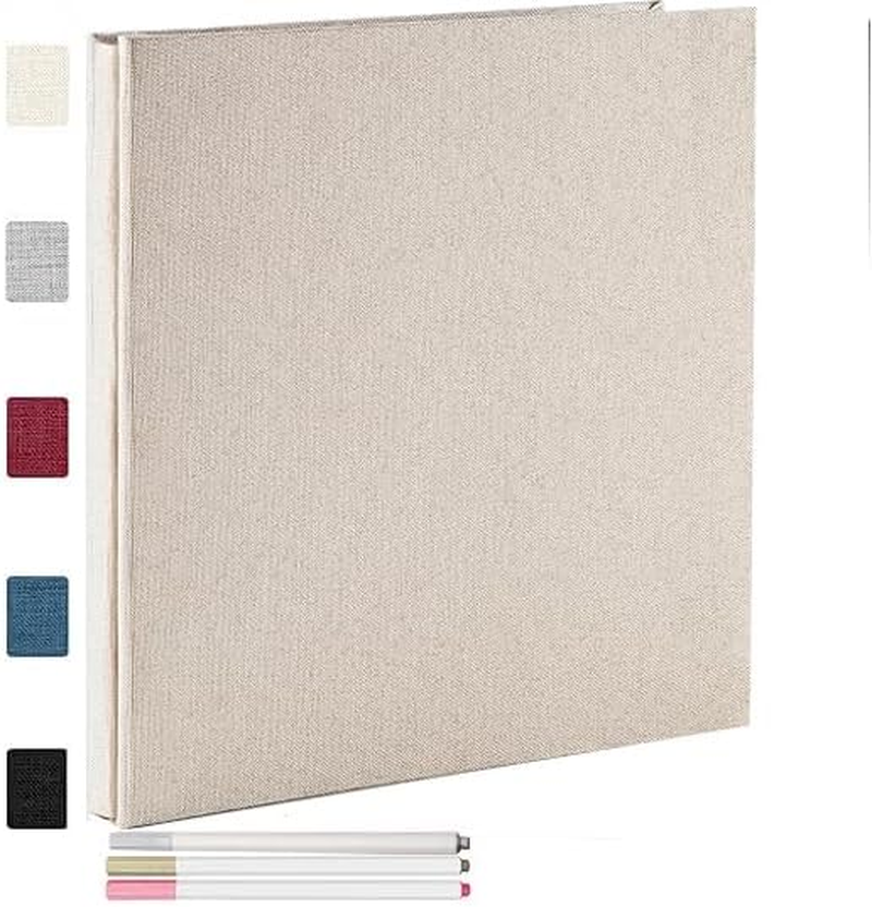 Photo Album Self Adhesive with Picture Display Window,40 Pages DIY Scrapbook Album for 3X5 4X6 5X7 6X8 8X10Picture,Linen Cover Memory Book for Baby Wedding, with 3Pcs Metallic Pen (Off White) - Grey image number 1