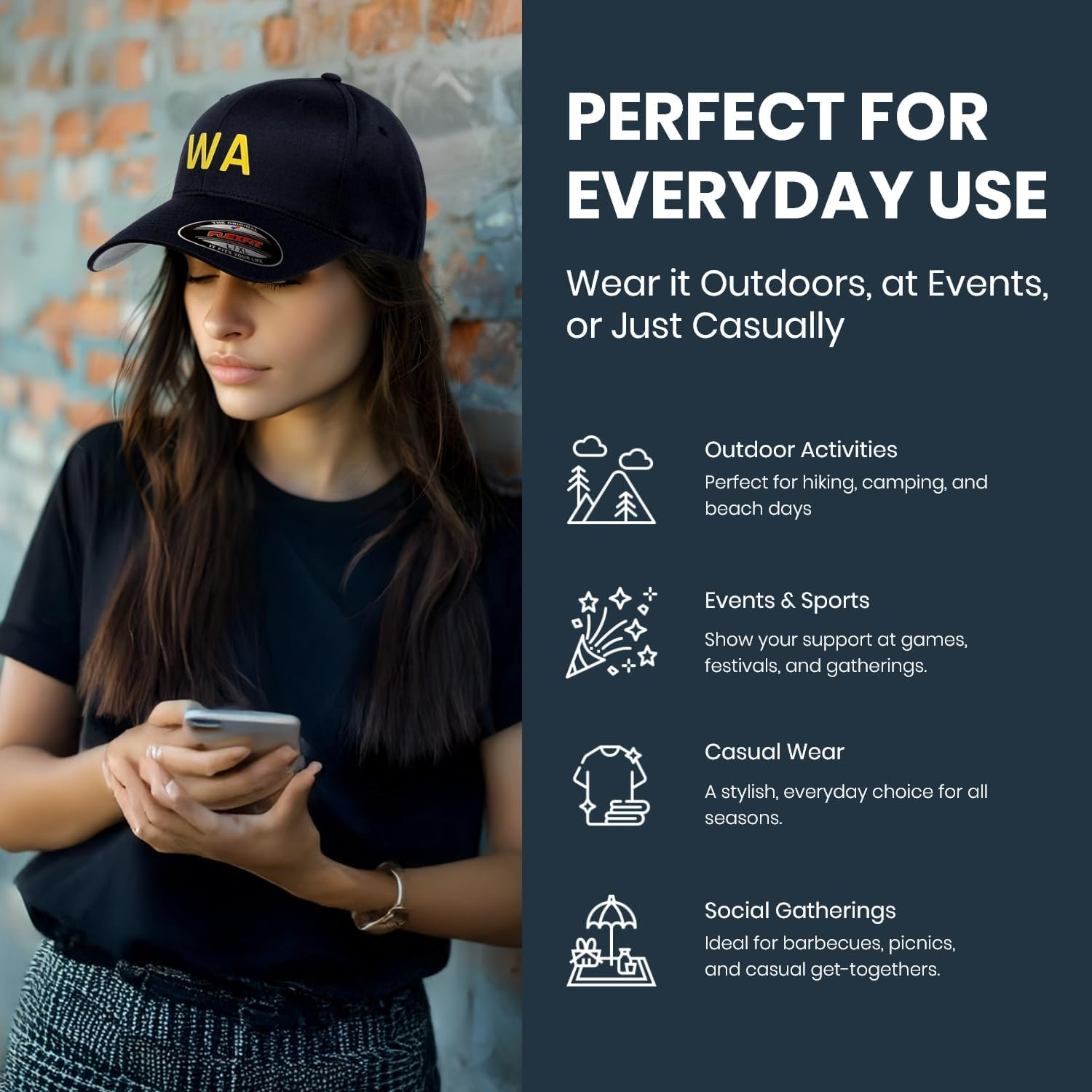 WA Supporters Cap, Flexfit 6277 Wooly Combed Baseball Cap, Acrylic-Wool, Flexfit Technology, 6-Panel, Silver Undervisor, Stretch Fitted, Premium Mid-Profile, Black with Yellow 'WA' Badge